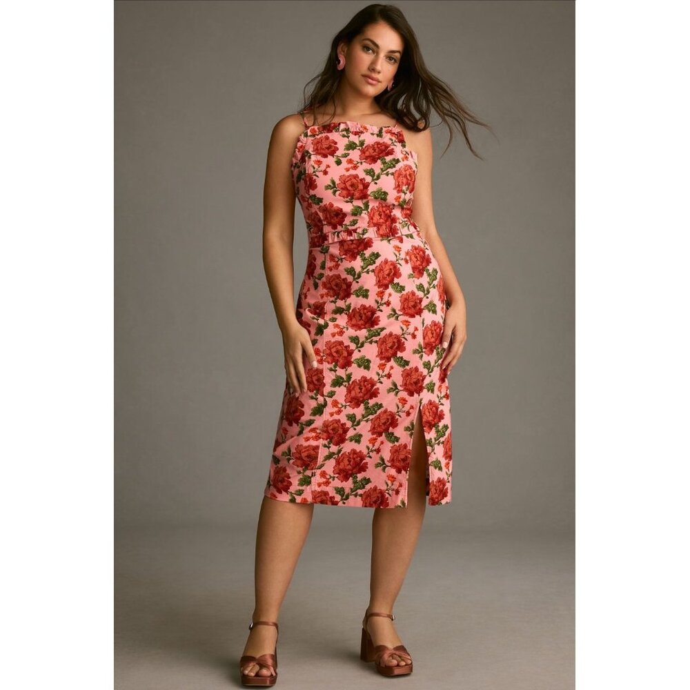By Anthropologie Floral Ruffled Halter Dress 2X • Peplum Waist • Pink Rose Print
